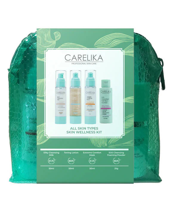 CARELIKA All Skin Type  Wellness Travel KIT: Silky Cleansing Milk 50ml + Toning Lotion 50ml + Extreme Comfort Masks 50ml + SOS Cleansing Foamning Powder 25g - KIT