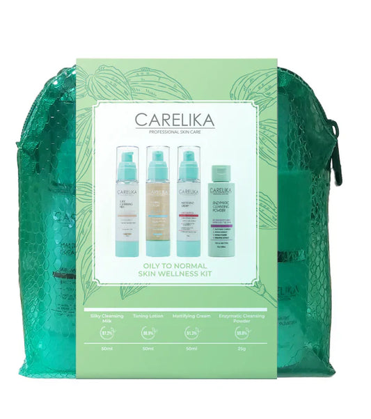 CARELIKA Oily Skin Type Wellness Travel KIT: Silky Cleansing Milk 50ml + Toning Lotion 50ml + Mattifying Cream 50ml + Enzymatic Cleansing Powder 25g - KIT
